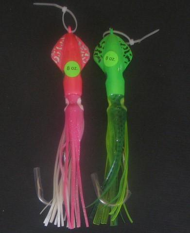 A pink and a green 8 oz. Squid jig