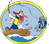 Bottom Line Tackle logo of pelican catching fish with rod and line