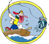 Bottom Line Tackle logo of pelican catching fish with rod and line